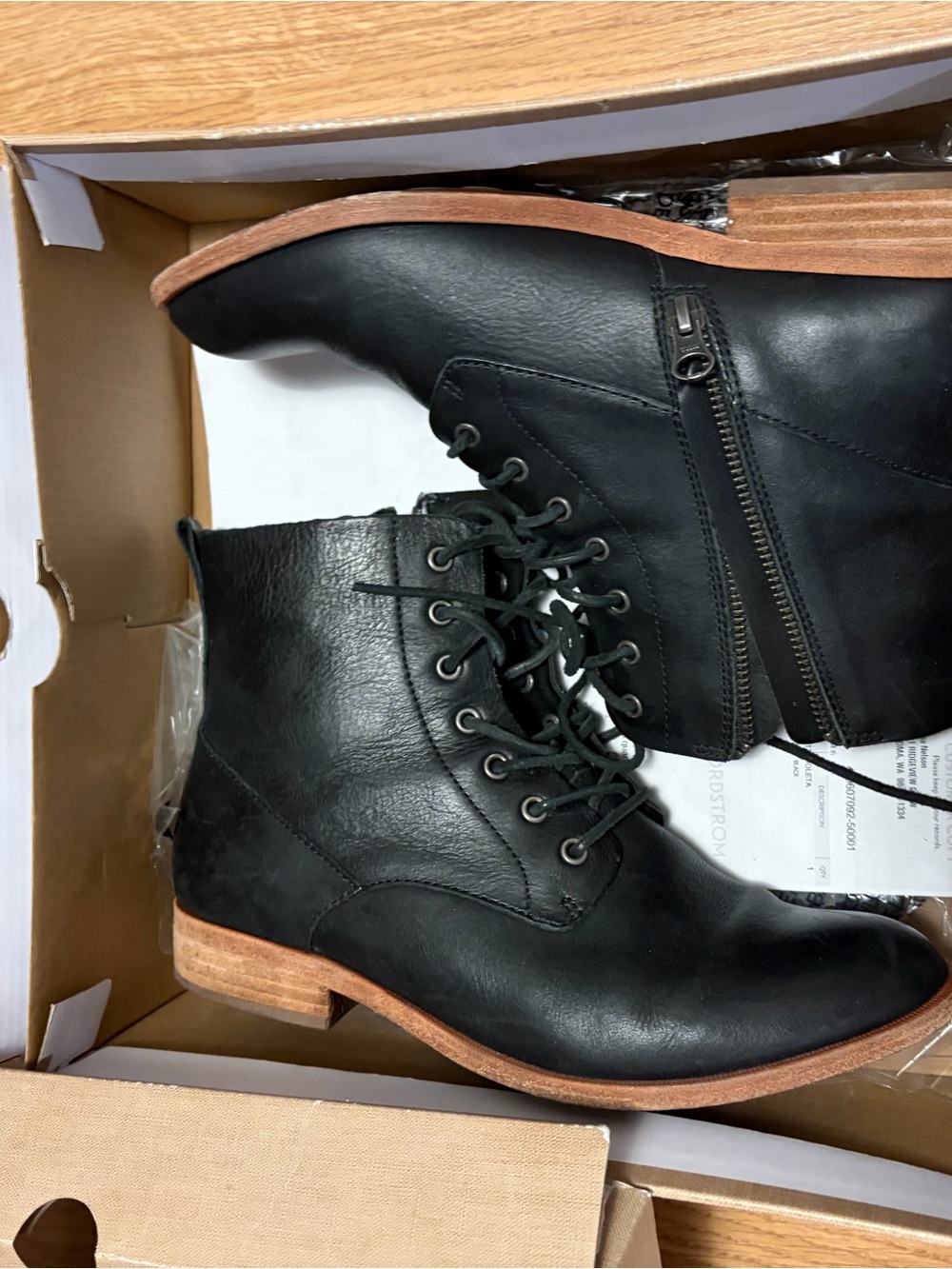Kork-Ease Black Leather Lace-Up Ankle Boots with Wood-Look Heel